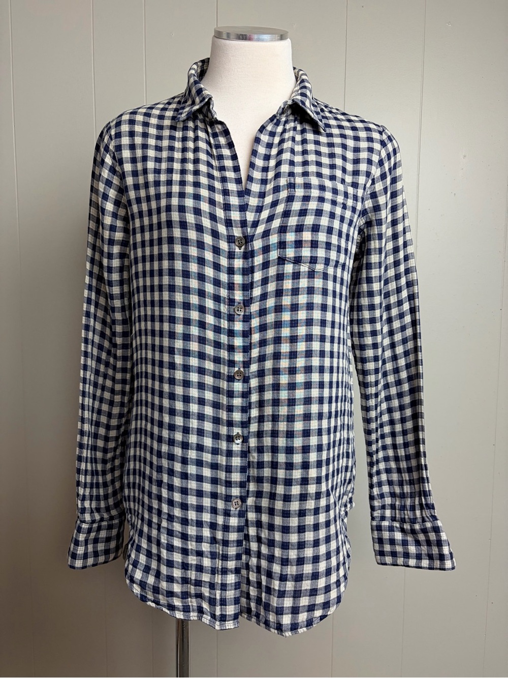 Theory M Cotton Wool Gingham Button Down Shirt Navy White